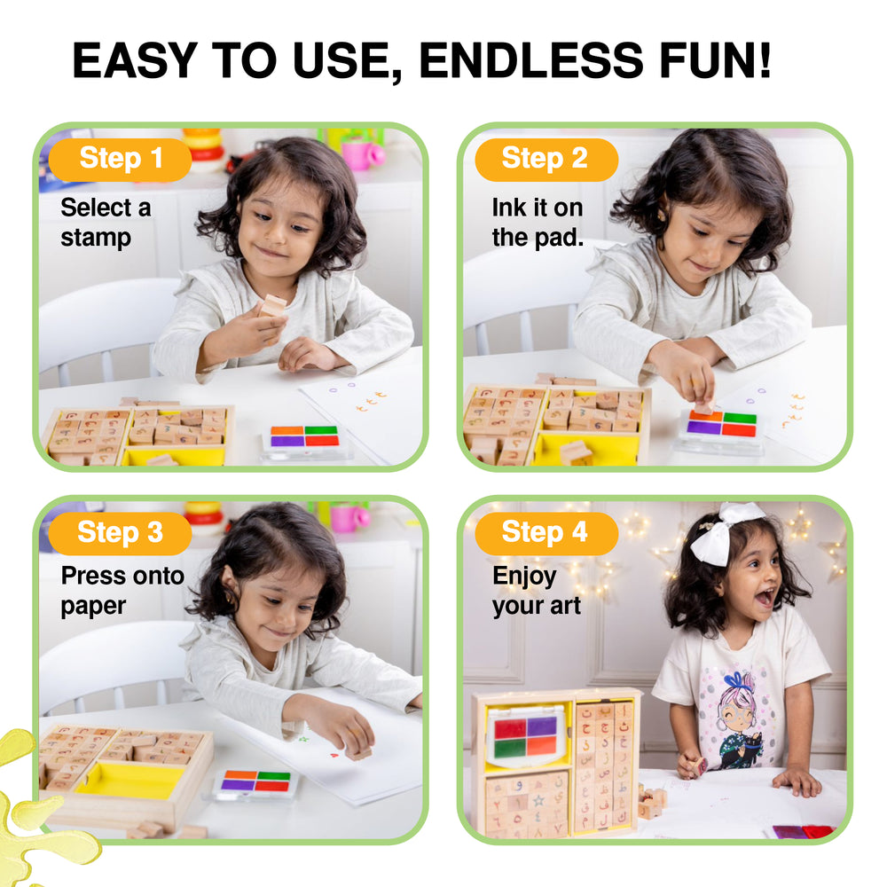 Arabic Wooden Stamp Set - Educational & Creative Arabic Alphabet Stamps with Ink Pad